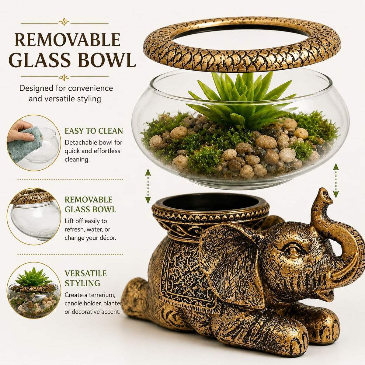 Elephant Decorative Bowl with Removable Glass Vessel - image 4