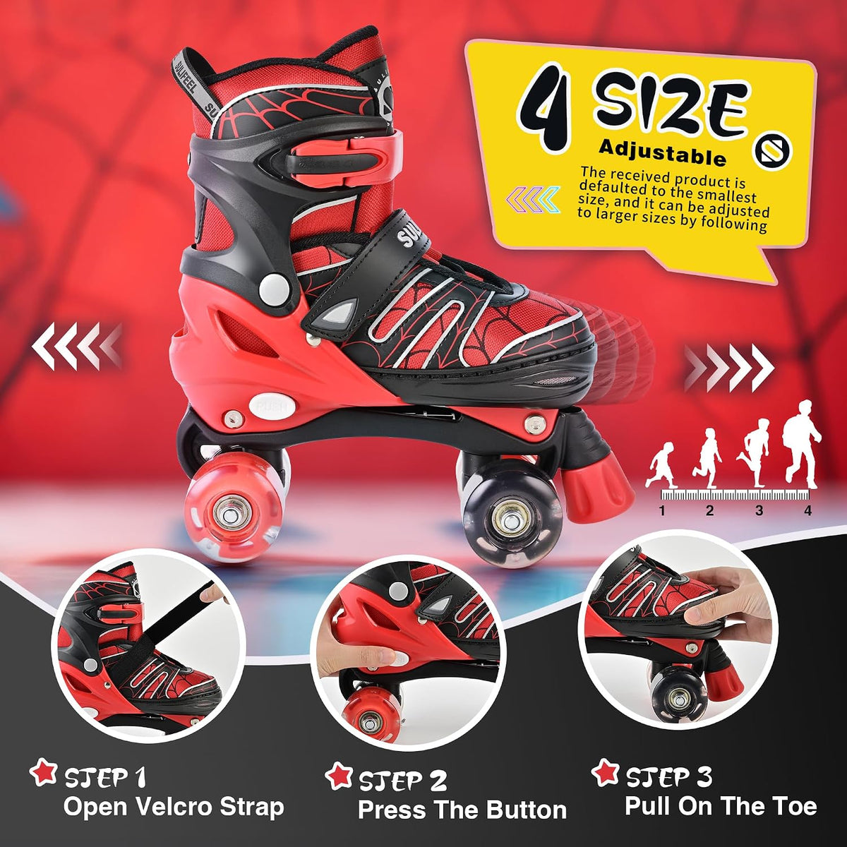 SULIFEEL Adjustable Kids Roller Skates, Light up Wheels – Fun for Kids & Family - A Spider Red / Large - Youth - image 2