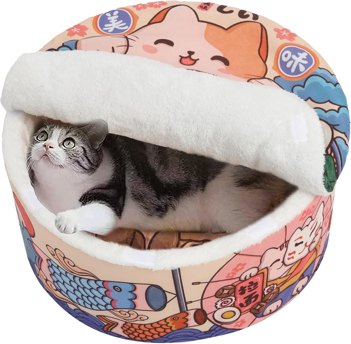 寵幸 Ramen Noodle Cute Cat Bed, Soft Warm Washable Kitten Bed - 19.7"L x 19.7"W x 7.9"Th / orange