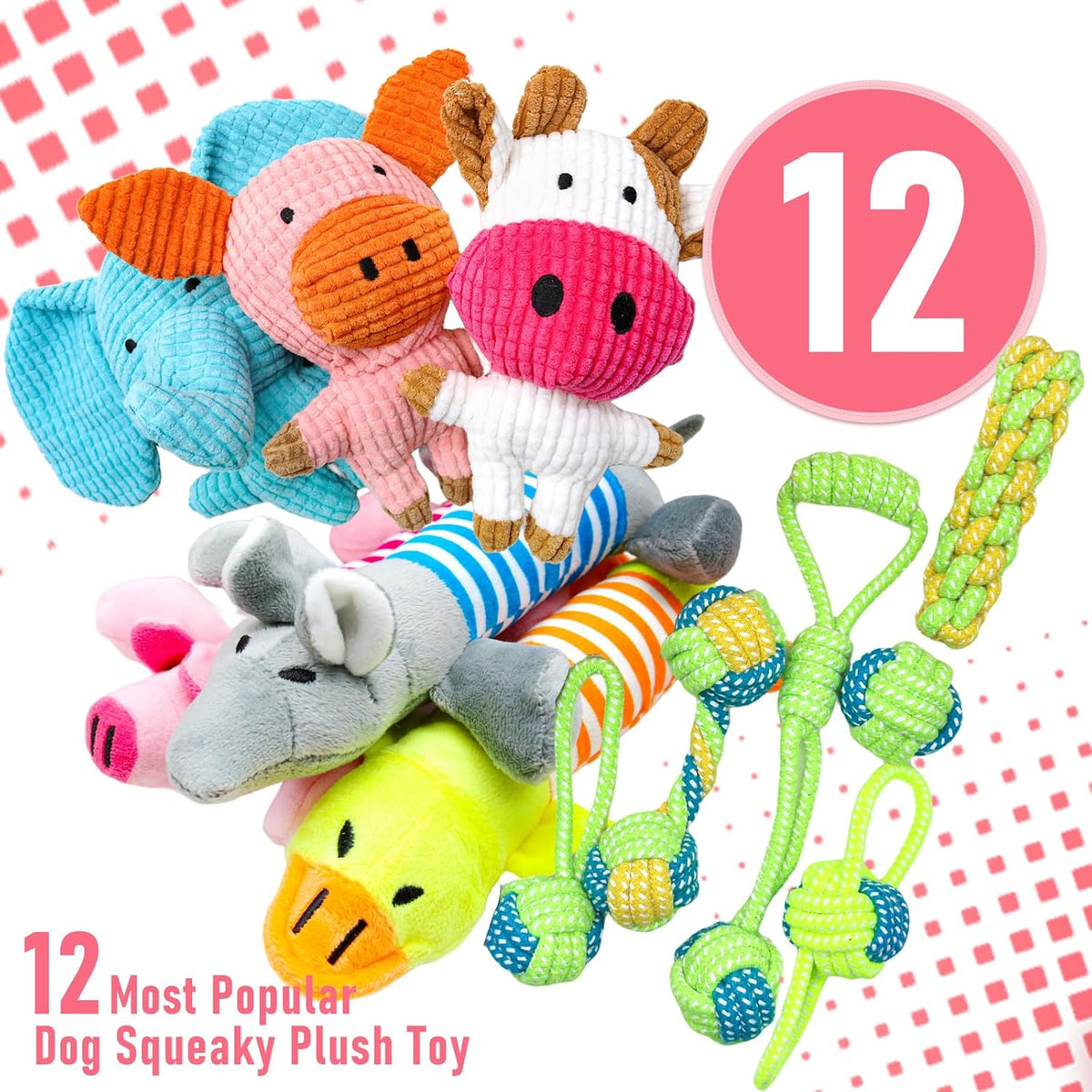 12 Pack Dog Squeaky Toys, Interactive Plush Chew Toys with Rope – Essentials for Dogs - image 2