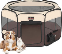 Aivituvin Dog Playpen, Foldable Pet Play Pens with Carrying Bag for Cat, Puppies, Rabbits, Portable - S / Brown
