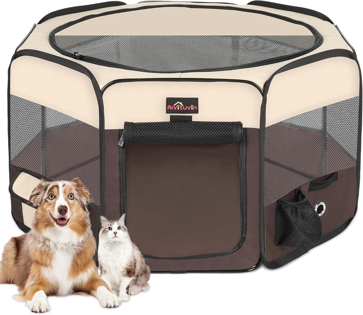 Aivituvin Dog Playpen, Foldable Pet Play Pens with Carrying Bag for Cat, Puppies, Rabbits, Portable - S / Brown