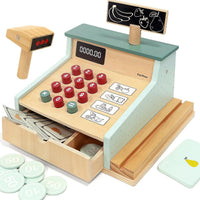PairPear wooden cash register for kids with scanner, pull-out drawer and play money
