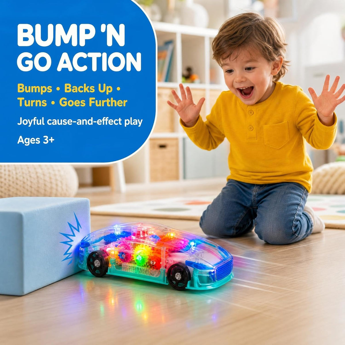 ArtCreativity Light-Up Transparent Sensory Car Toy, Bump-and-Go - image 2