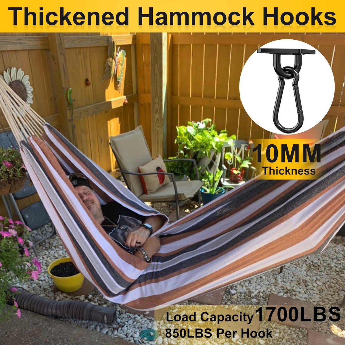 Morzejar black heavy duty hammock hooks kit with M10 pad eyes and snap hooks - view 3
