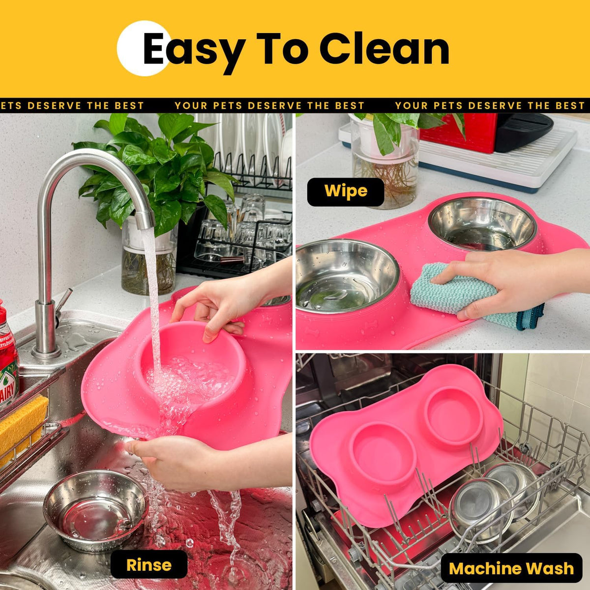 Conlun Dog Bowls with Silicone Mat, No Spill Stainless Set, XS - Small-13 oz / Pink - image 3
