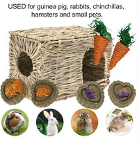 kathson 2 Pcs Large Rabbit Grass House Natural Foldable Hand Woven Seagrass Bed Carrot Hay Toy Hut Safe Comfortable Playhouse with Bunny Chew Toys for Bunny Hamster Guinea Pig Chinchilla Ferret