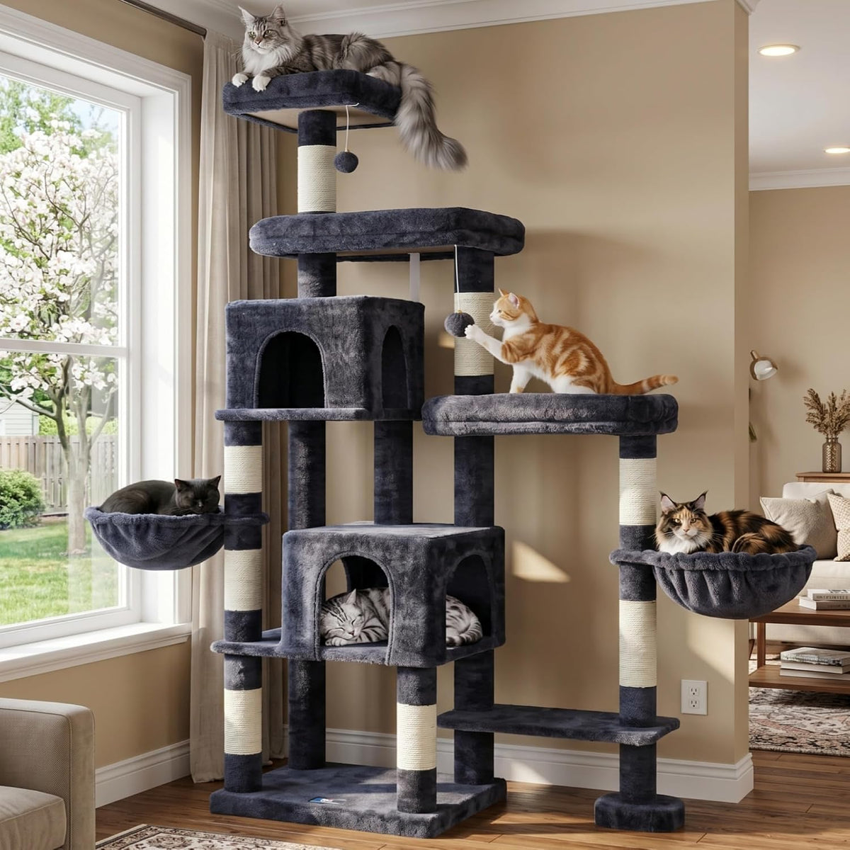 Hey-brother Cat Tree Tower with Stable Extended Base - Smoky Gray