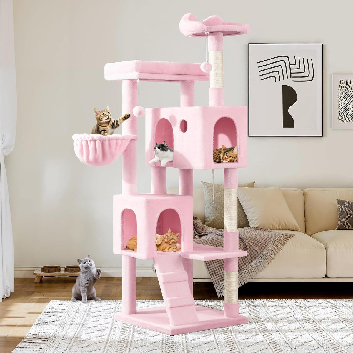 Allewie 64 Inches Cat Tree Tower/Multi-Level Activity Center - Pink