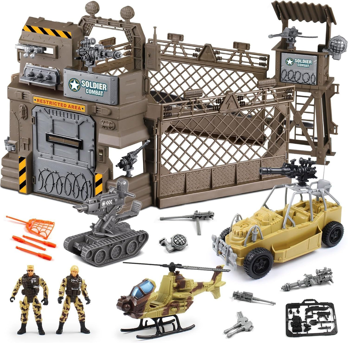 Fisca 30-piece army men playset with truck, tank, helicopter and watchtower