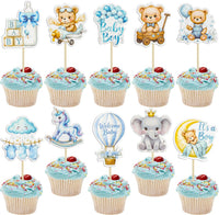 Gyufise 36Pcs Baby Shower Bear Cupcake Toppers Moon Baby Bear Baby - Blue White