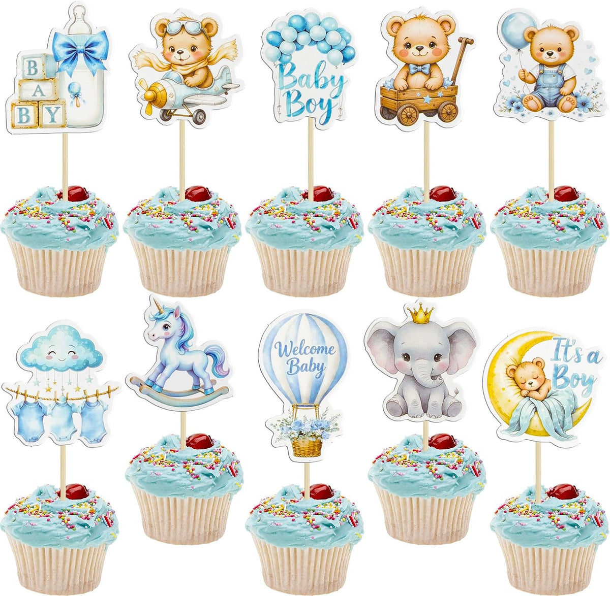 Gyufise 36Pcs Baby Shower Bear Cupcake Toppers Moon Baby Bear Baby - Blue White