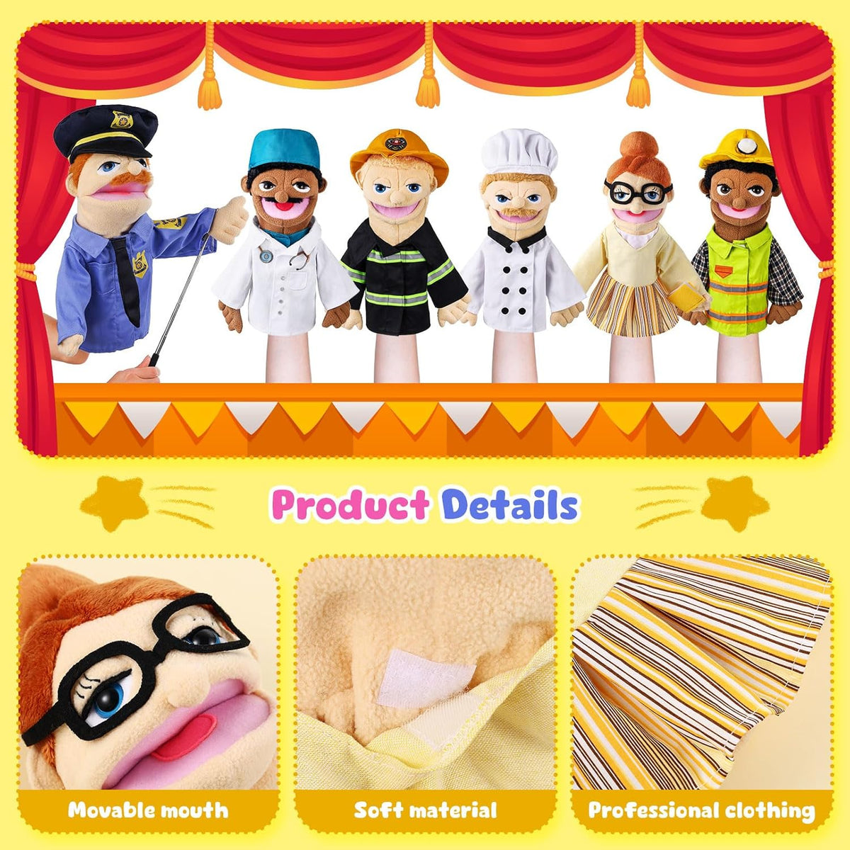 6 Pcs Family Hand Puppets 12 Inch Grandparents, Mom & Dad - Essential Workers - image 4