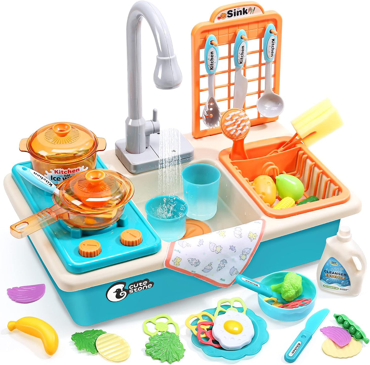 CUTE STONE Color Changing Play Kitchen Sink Toys - Blue
