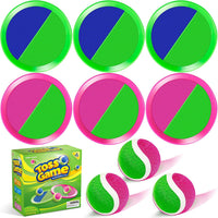 Officygnet ball catch game with pink and green sticky paddles, balls and storage bag
