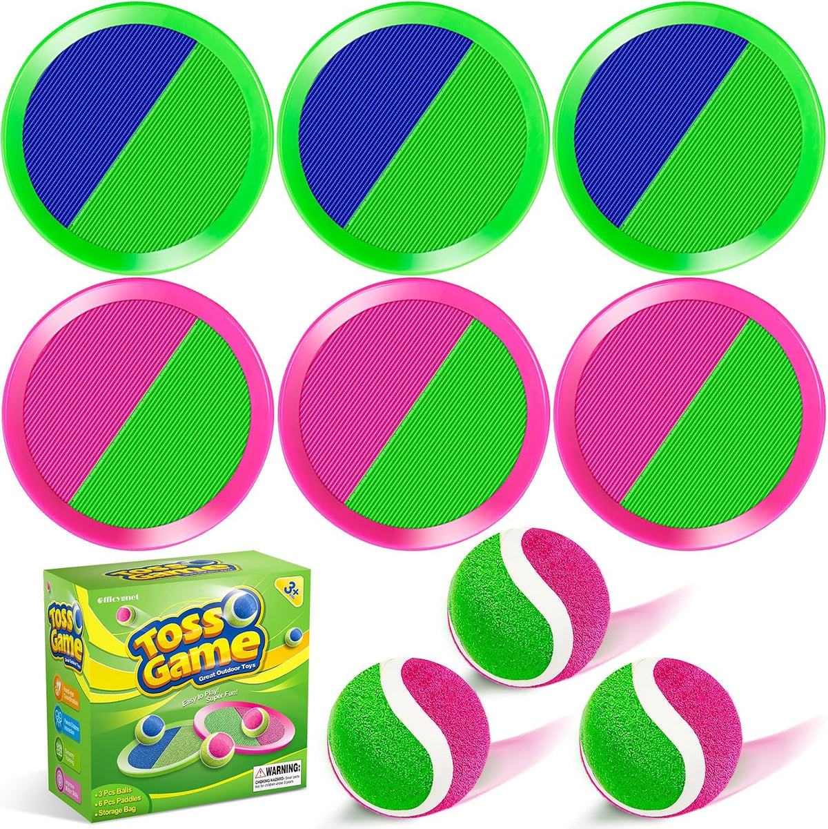 Officygnet ball catch game with pink and green sticky paddles, balls and storage bag