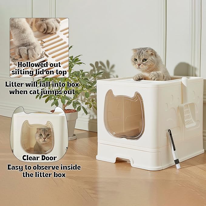 Gefryco Foldable Cat Litter Box with Lid,Covered Litter Box for Small and Medium Cats, Enclosed Cat Potty with Scoop and Brush, Top Entry Cute Kitten Litter Tray with Drawer and Top Cover(White)