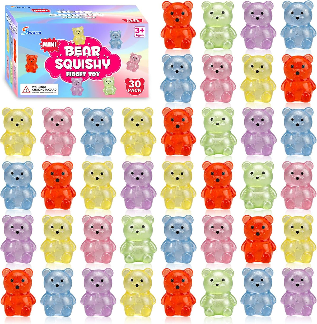 Siwarm 30 Pack Mini Cube Squishy Fidget Toys for Kids and Adults – Fun for Kids & Family - 30 Mini Bear Squishy