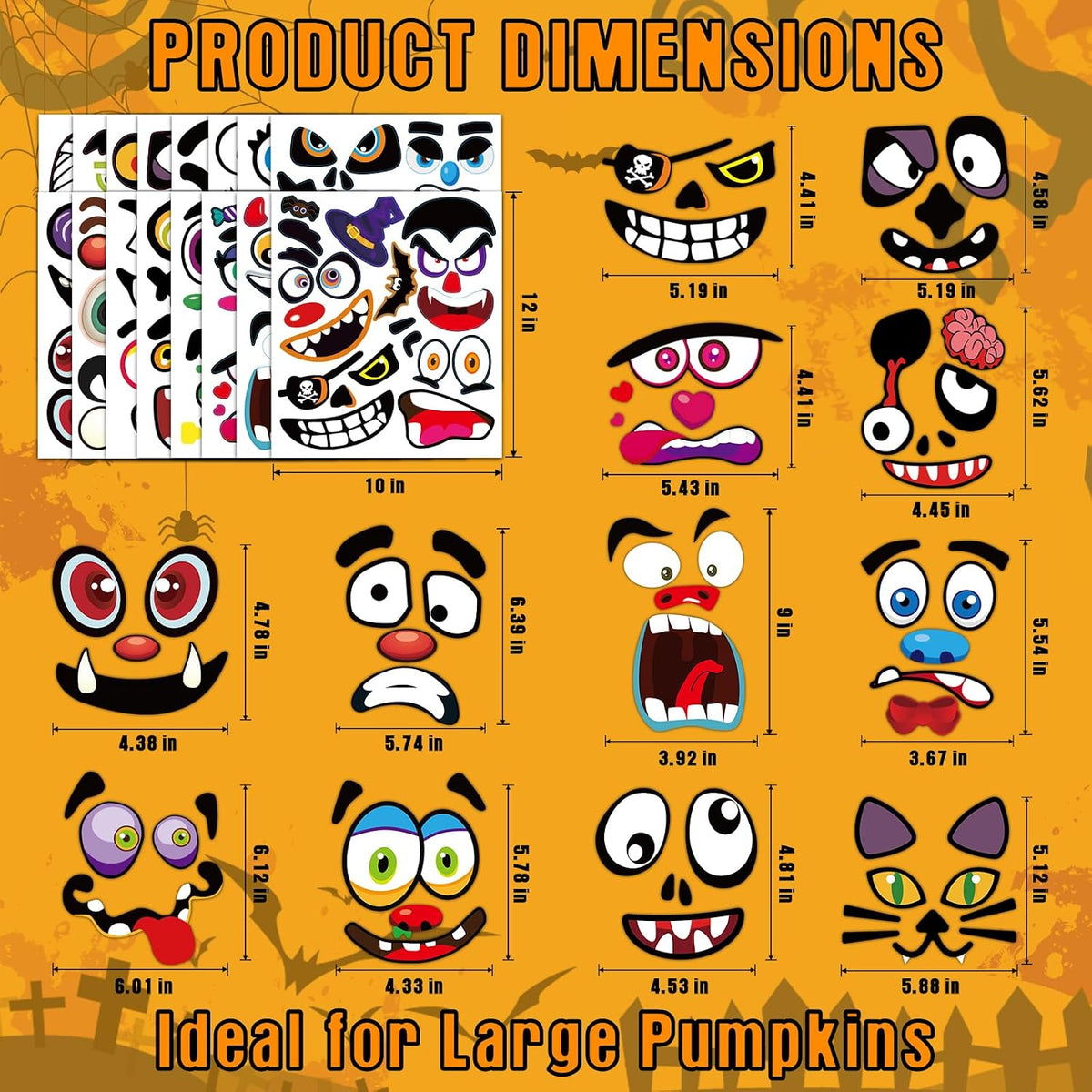 Aowplc Halloween pumpkin face stickers for kids, 32 small faces on vinyl sheets - view 6