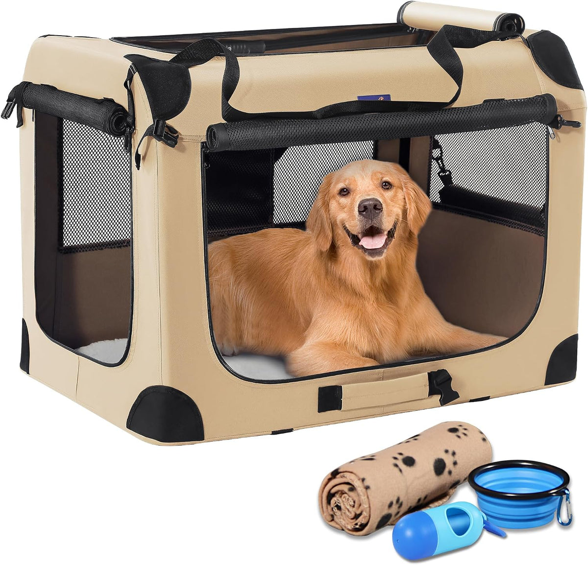 Portable Collapsible Dog Crate - Beige / 40.0"L x 27.0"W x 27.0"H