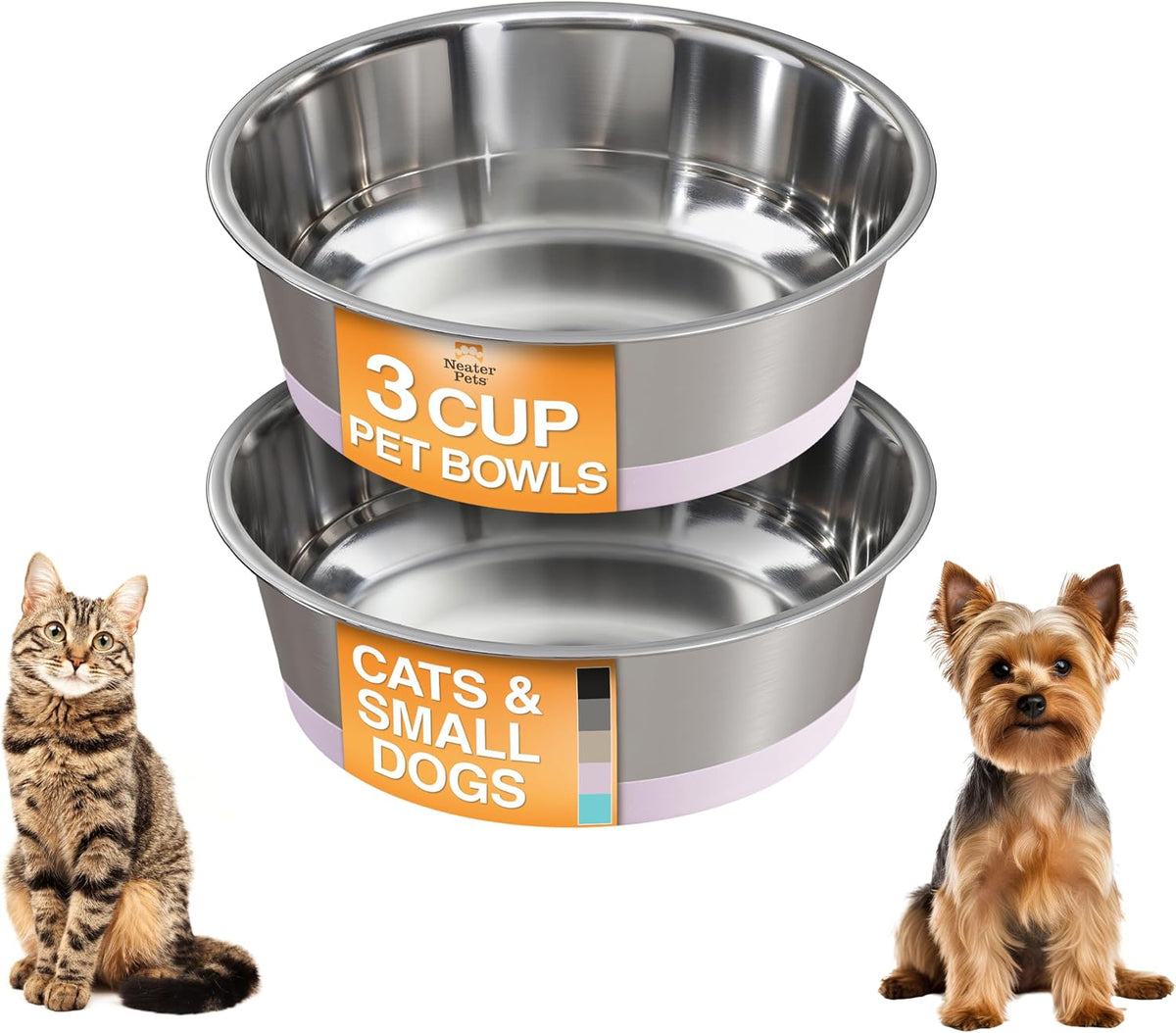 Neater Pet Brands Stainless Steel Dog Bowls with Non-Slip Rubber - 3 Cup (Set of 2) / Light Pink