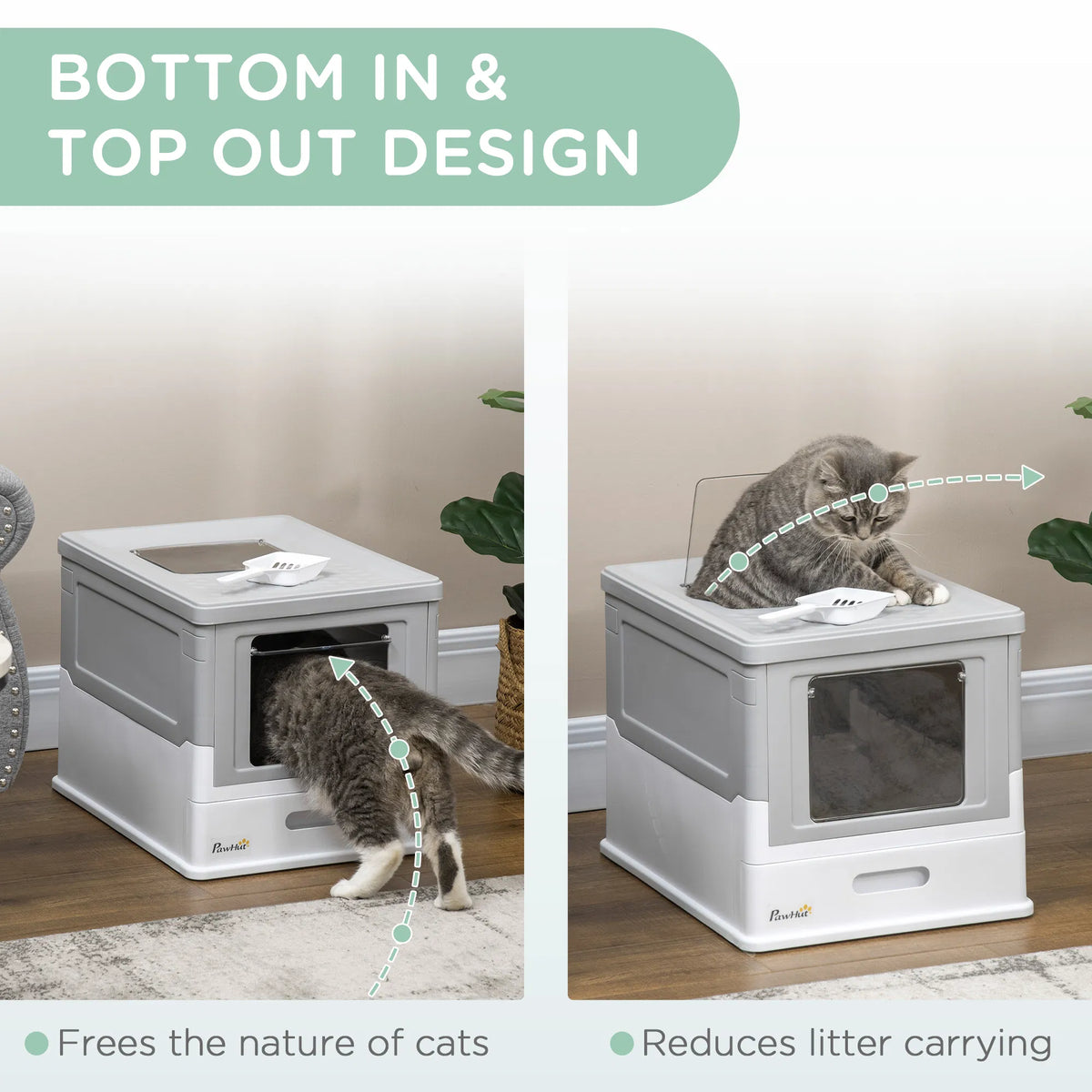 Top Entry Enclosed Kitty Litter Box with Scoop, Tray, Front Entry, Large Space, Foldable, Portable, Grey