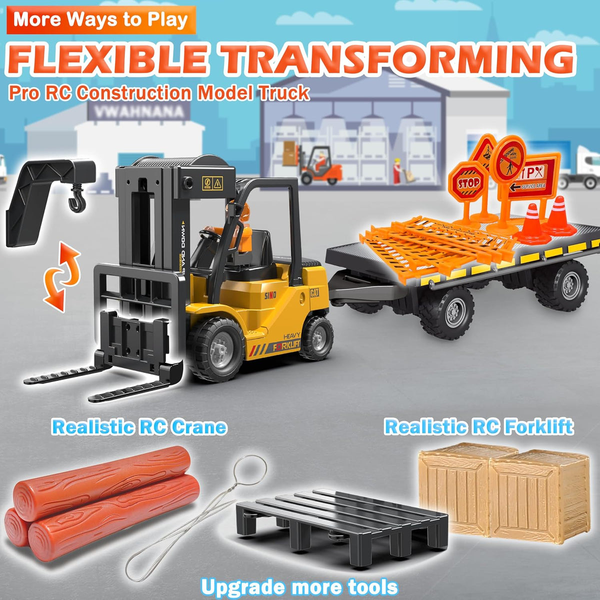 1:24 RC Forklift Toy for Kids - Yellow / 1:24 Scale with Trailer (18.5×4×6.3 inch) - image 2
