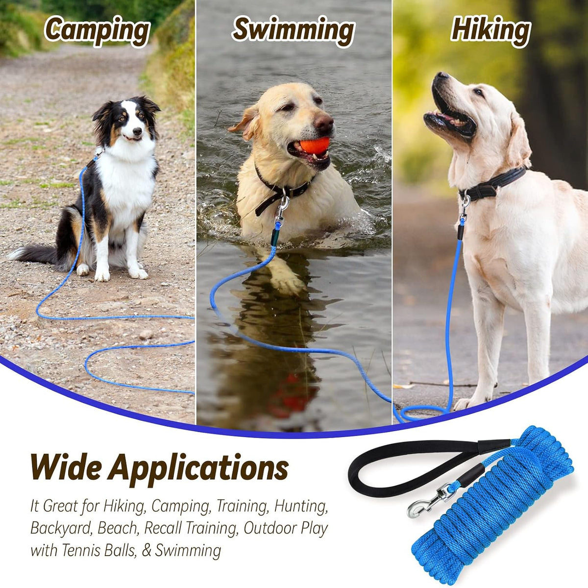 Check Cord Dog Leash Long Lead Obedience Recall Training Tracking - Blue / 3/8 inch * 30foot - image 3
