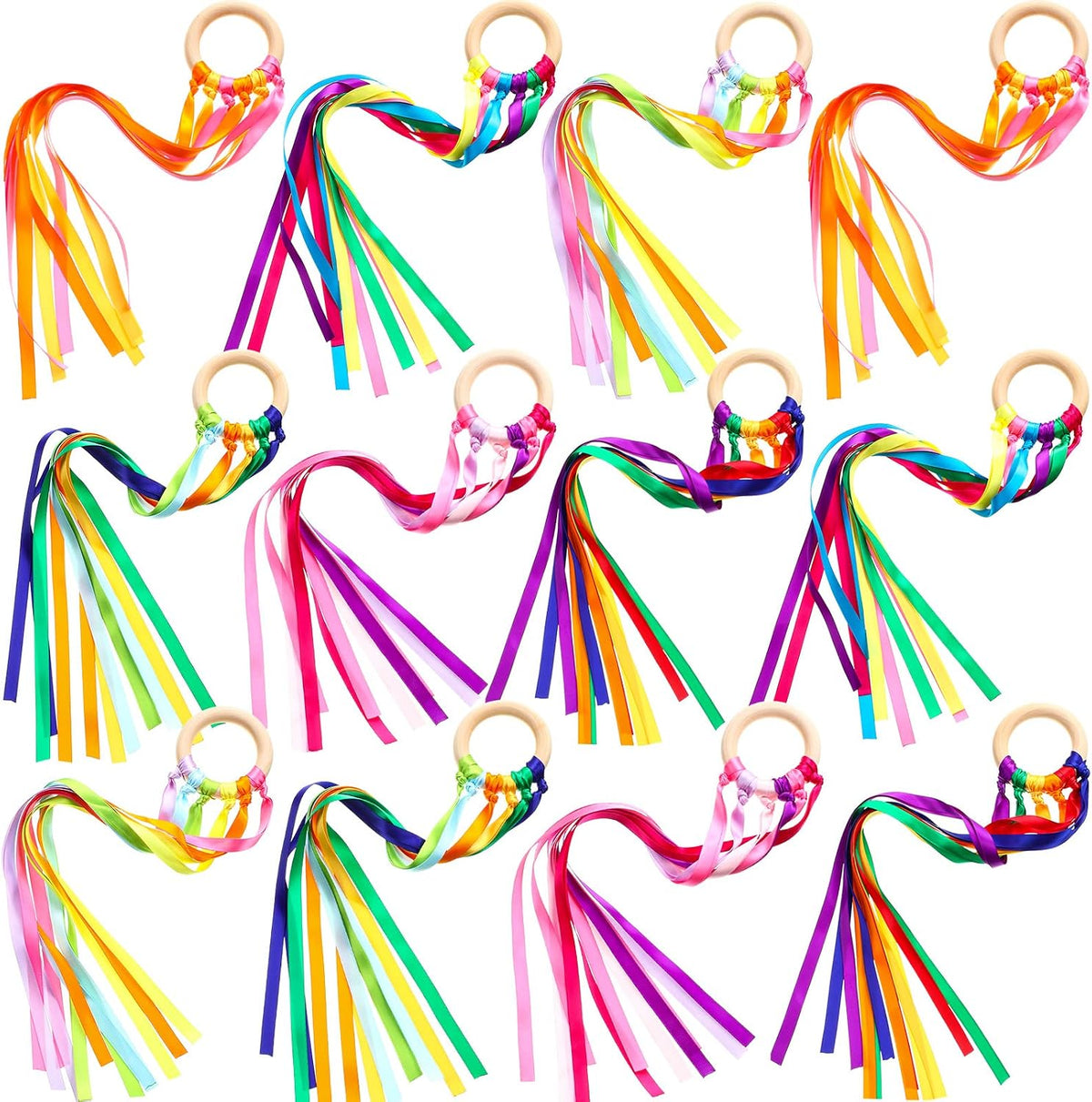 Deekin rainbow ribbon rings, wooden Waldorf hand kites with bright streamers - view 3