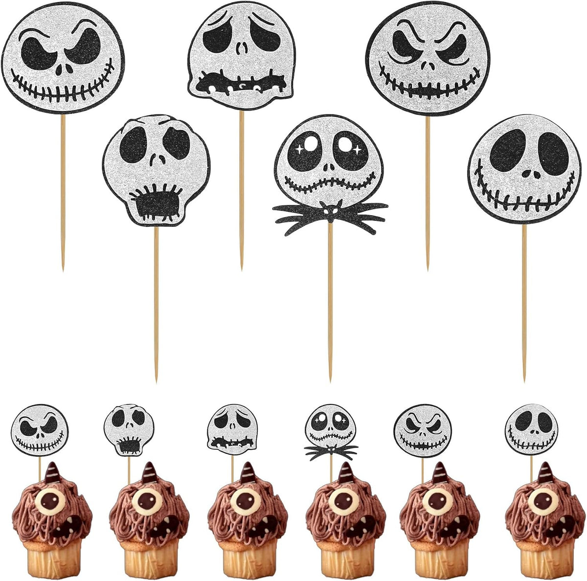 12 black glitter Halloween bat cupcake toppers in 4 patterns on cupcakes - view 2