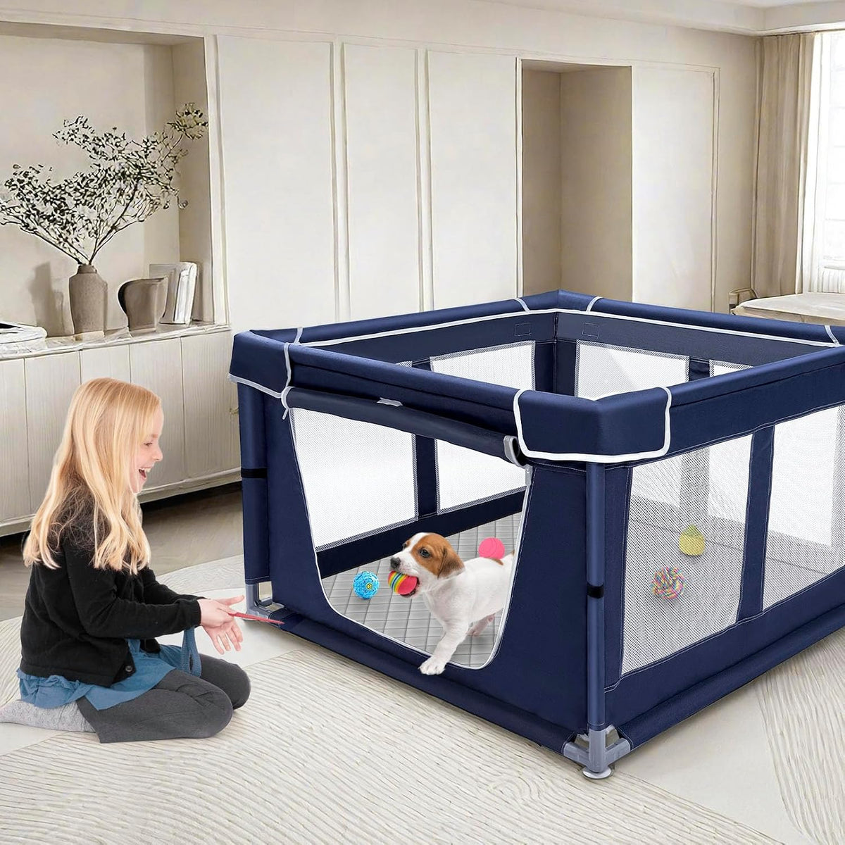 Puppy Playpen Indoor for Dog Small Pets - Royal Blue / 42inch Dog Playpen with Top and Pee Pad - image 4