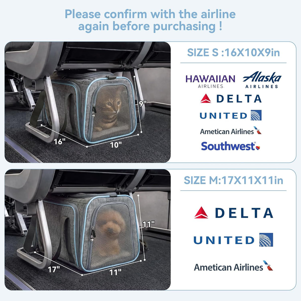 Petsfit Medium Expandable Cat Carrier for Air Travel - 17.0"L x 11.0"W x 11.0"H / Light Gray - image 3