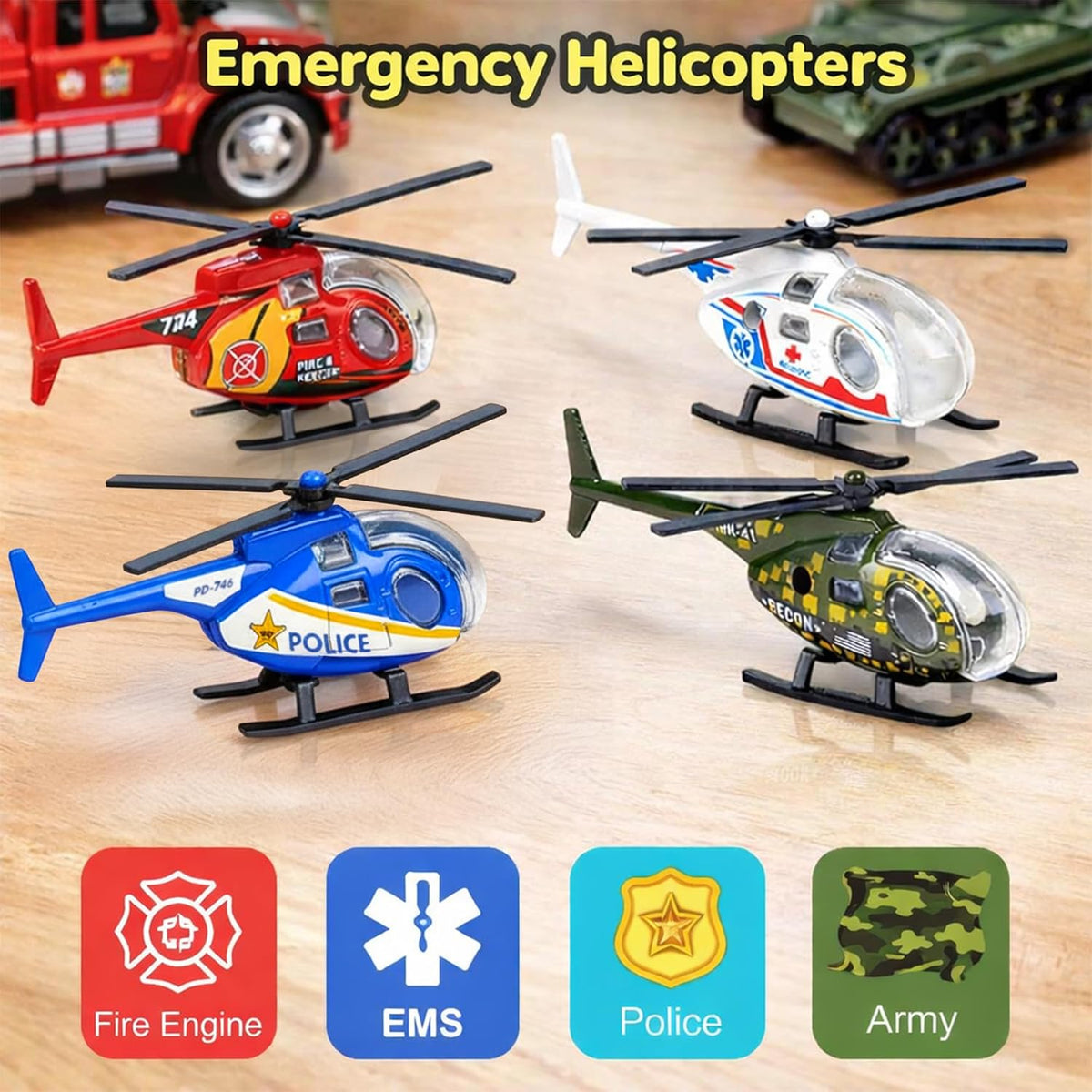 ArtCreativity Diecast Helicopter Toy, Police, Fire Engine, EMS - Emergency Theme - image 4