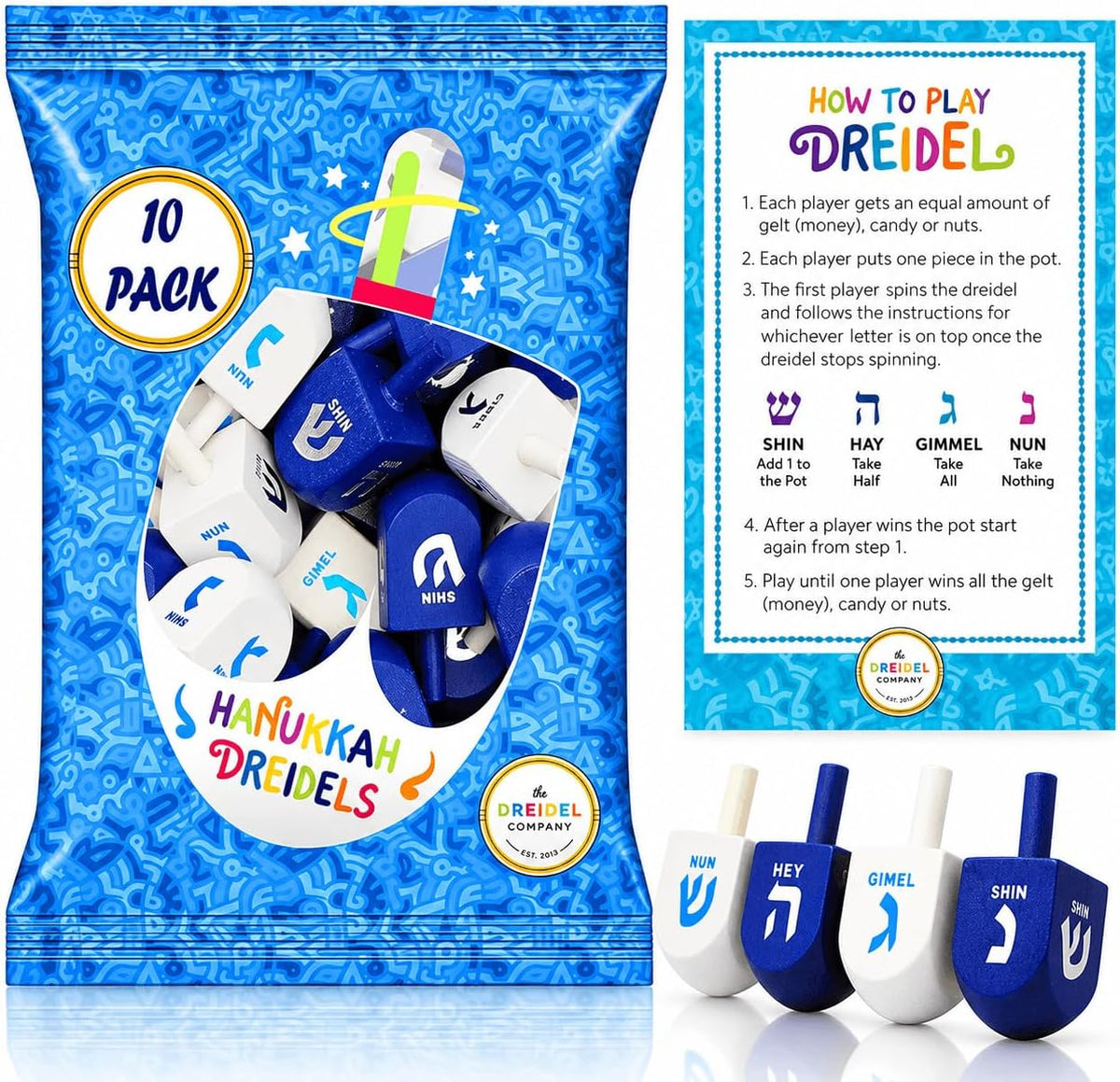 The Dreidel Company Bulk Solid Blue & White Wooden Hanukkah Dreidels - 10-Pack - image 2