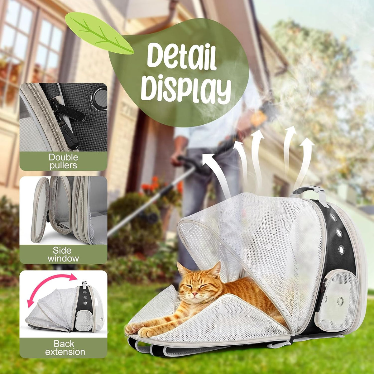 Cat carrier backpack with clear bubble front and expandable back panel - view 3