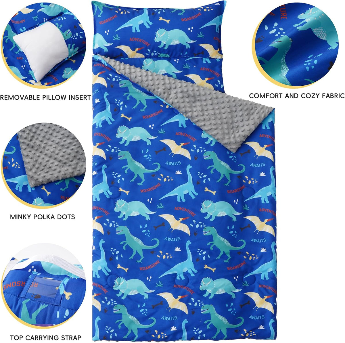 Bunnikins & Clover Toddler Nap Mat with Removable Pillow - Dinosaur Blue - image 2