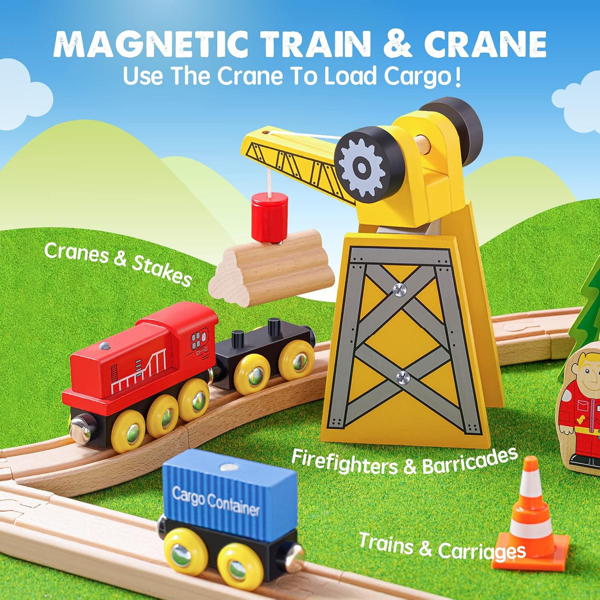 Tiny Land 110PCS Wooden Train Set, Toy Train with Tracks – Fun for Kids & Family - 55PCS - image 3