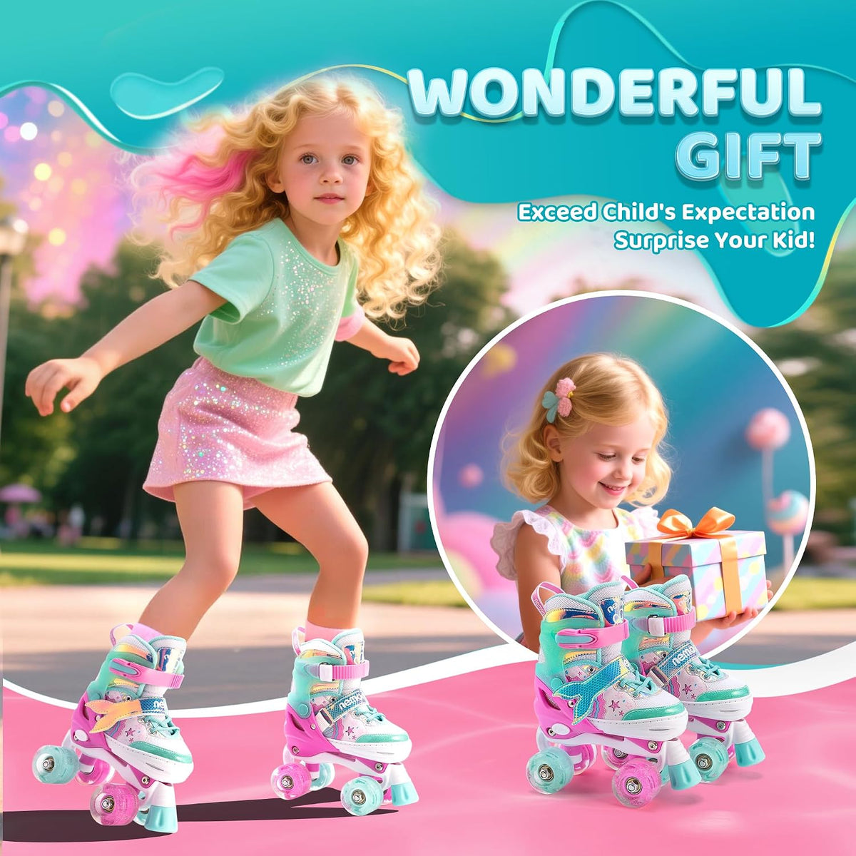 NEMONE Mermaid Adjustable Light up Roller Skates for Girls Boys – Fun for Kids & Family - C- Reef Mermaid / Large - Youth - image 4