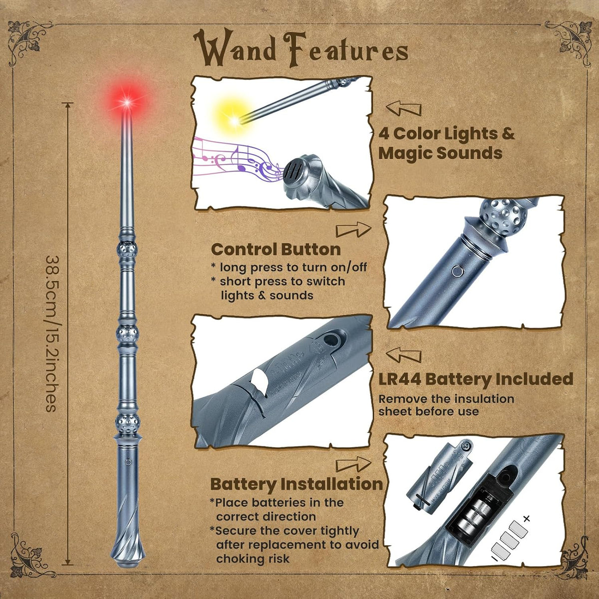 KingVows Light Up Magic Wizard Wand with 4 Color Lights & Sound - Silver - image 3