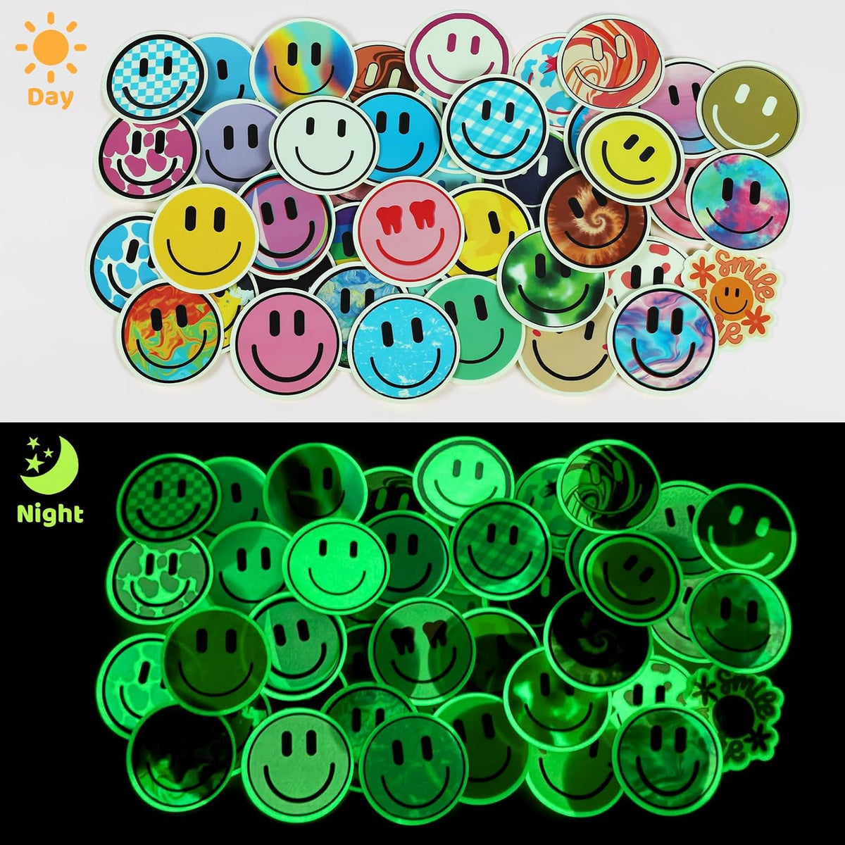 50PCS Smile Face Stickers Cute Water Bottle Stickers for Kids – Fun for Kids & Family - 50pcs Glow Stickers - image 2