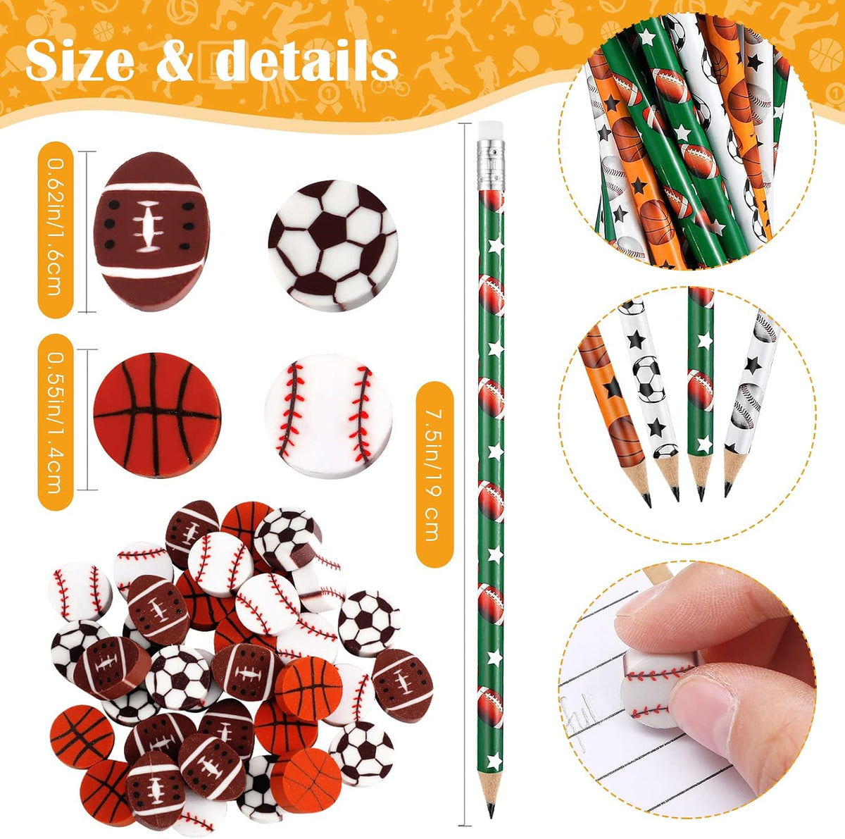 Tinlade 72 Pcs Sports Pencils and Erasers for Boys, Party Favors – Fun for Kids & Family - Sports - image 3