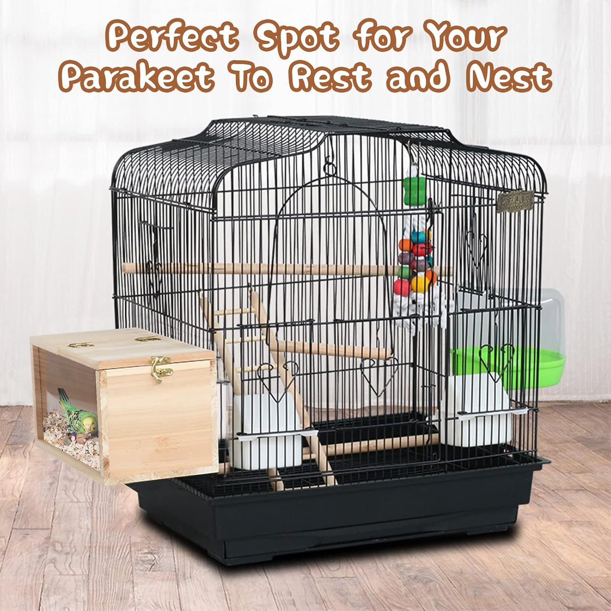 Parakeet Nesting Box, Wooden Parrot Nest Breeding Box with Perch - Horizontal Breeding Box / M - image 3