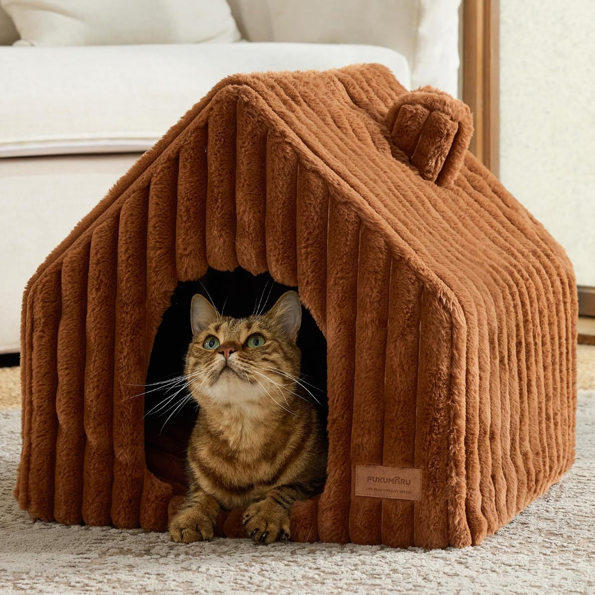 FUKUMARU Cat Bed Cave, Enclosed Washable Covered Dog Bed with Support Frame – Essentials for Cats - Brown / 17 Inch (Cats up to 15 lbs, Dogs up to 10 lbs)