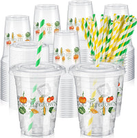 Domensi clear 12 oz Halloween ghost party cups with lids and pink striped paper straws - view 5
