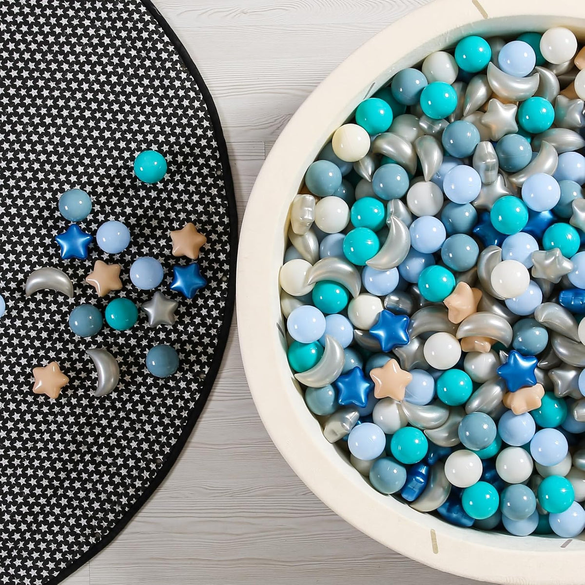 GOGOSO Ball Pit Balls Stars Moon Shapes Plastic Pitballs for Child - 100 balls / Pearl Gray+blue+green - image 3