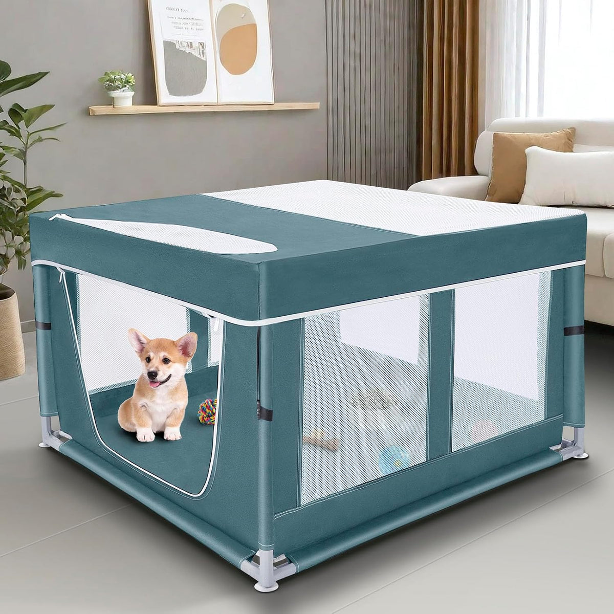 Puppy Playpen Indoor for Dog Small Pets - Green / 42 Inch Dog Playpen with Roof