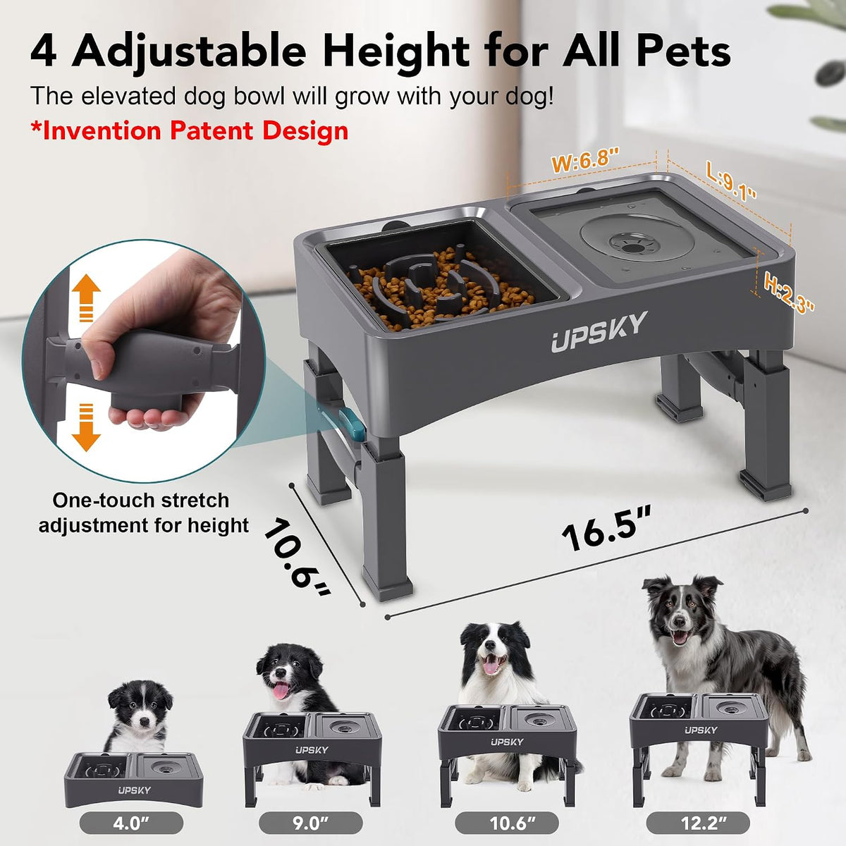 UPSKY 2-in-1 Elevated Dog Bowls Set with 4 Height Adjustable Stand - A-Water Bowl+Slow Feeder (Grey) - image 2