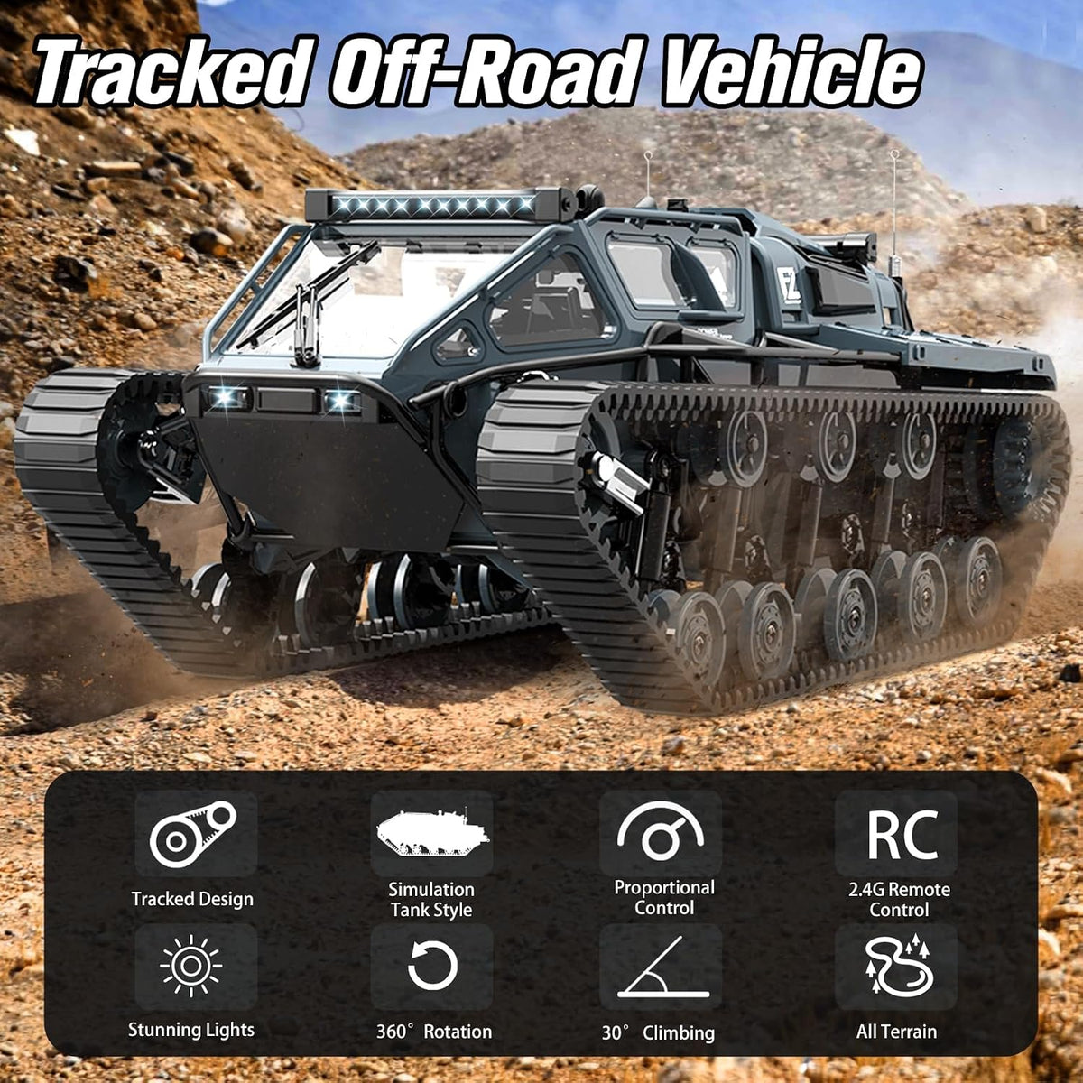 Mostop RC Tank Car, 1:16 Scale 2.4Ghz Remote Control Crawler High Speed Tank, Off-Road RC Tracked - Dark Gray - image 3