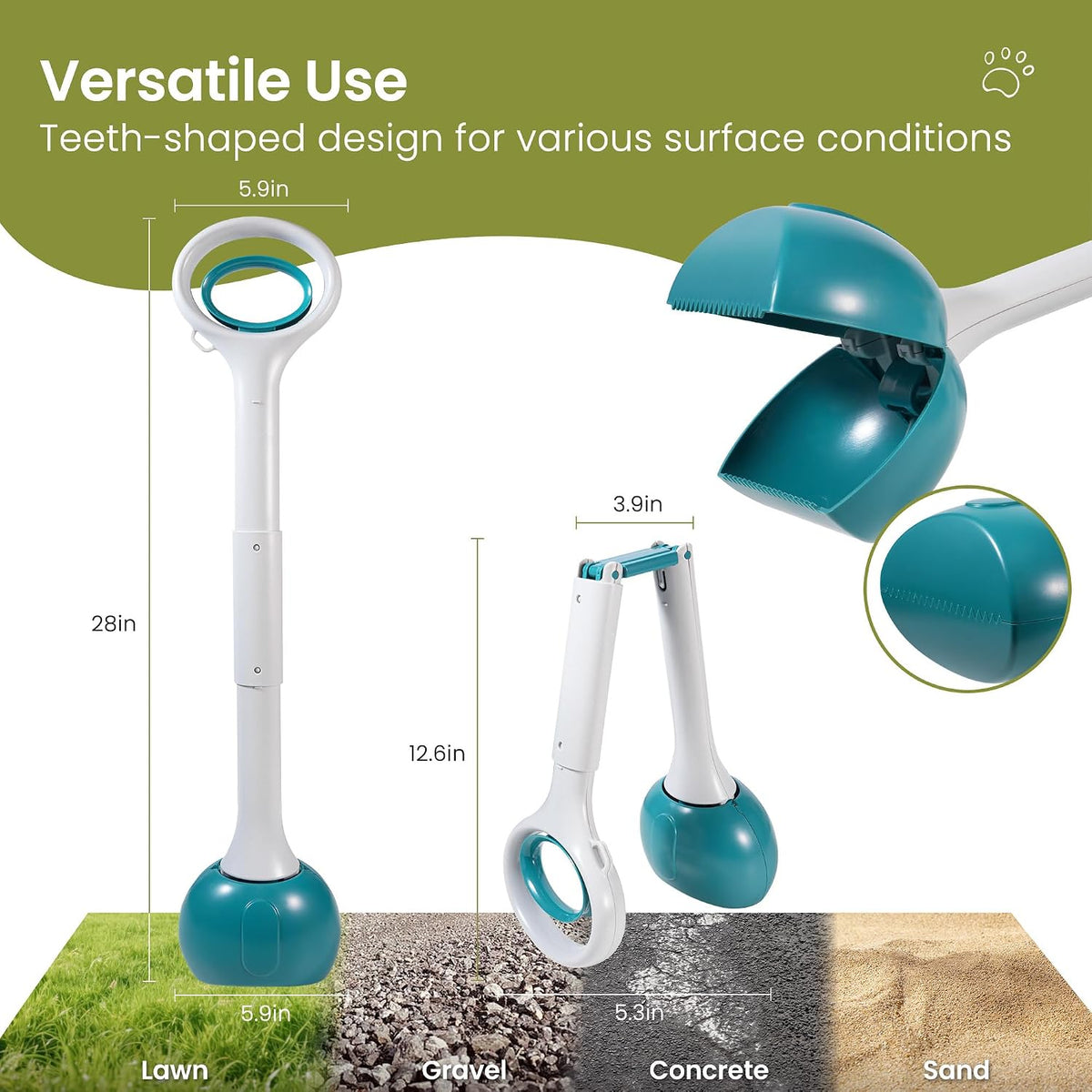 Dog Pooper Scooper Portable with Bag Attachment - 28in + Green + 120 garbage bags + dispenser - image 3