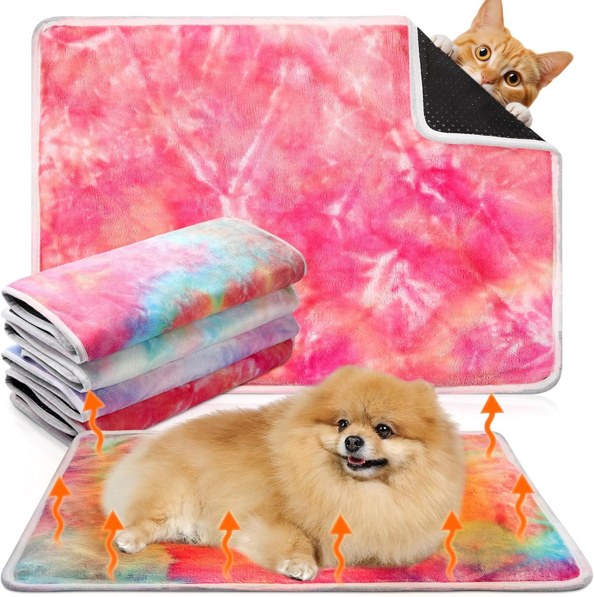 4 Pack Self Heating Cat Pad Self Warming Dog Mat, Heart - Tie Dye / 20 x 28 Inches